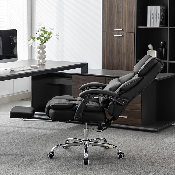 Kneading Massage Office Chair with Heated,90-135° Reclining Executive Office Chair with Footrest,Computer Desk Chair with Wheels,Diamond-Stitched Cushion Leather Office Chair (Black)