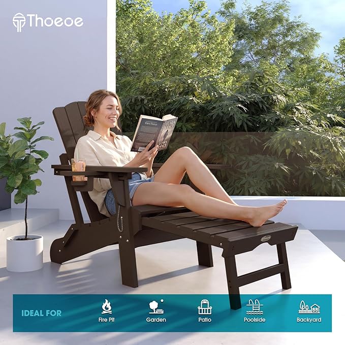 THOEOE Adjustable Adirondack Chair with Retractable Ottoman, HDEP Folding Adirondack Chairs with Footrest 2-in-1 Cup Holder, All Weather Outoor Fire Pit Chair with Foot Rest Set 2 Brown