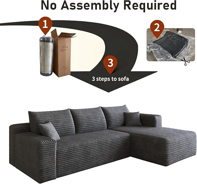 94" Boneless Couches with Right Facing Chaise for Living Room,Corduroy Sectional Couch,L-Shape Cloud Couches Compressed Memory Foam Cloud Sofa,No Assembly Required,Darkgrey