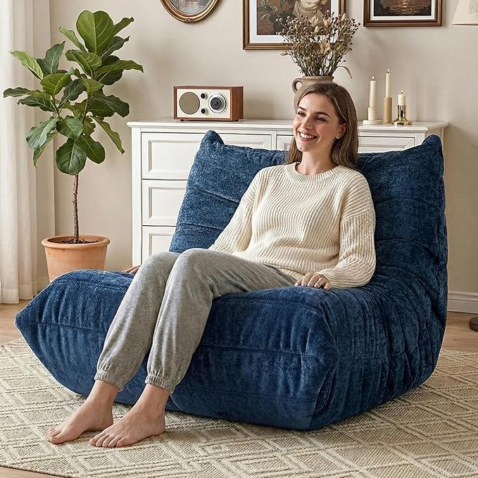 HABUTWAY Bean Bag Chair, Giant Bean Bag Chairs for Adults, Bean Bag Sofa with Filler Faux Fur, Memory Foam Bean Bag Couches Fireside Lazy Sofa for Living Room, Bedroom, Office (Navy Blue)