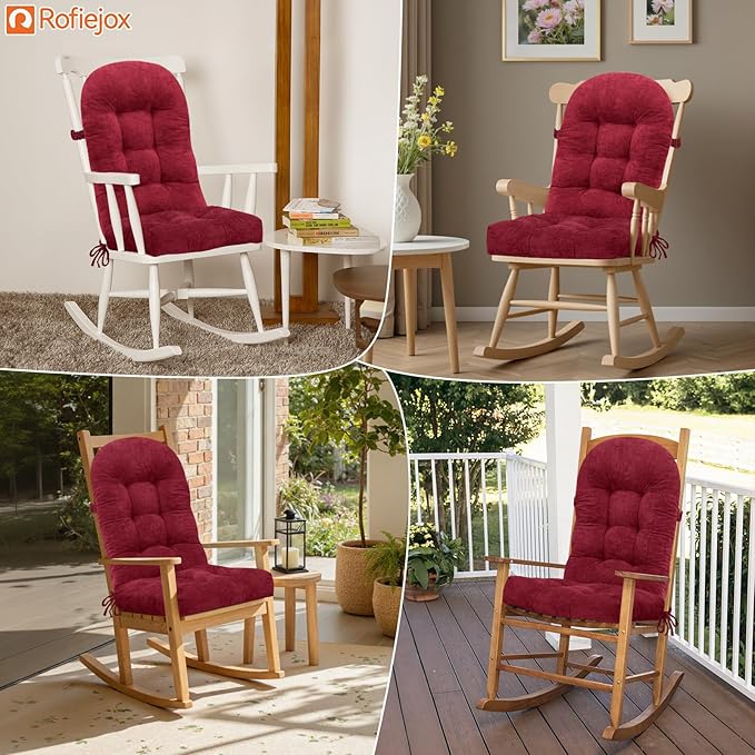 Rocking Chair Cushion - Chenille Fabric, High-Density Sponge, Durable Comfort Non-Slip Bottom Tufted Seat Pads with Ties, Chenille︱Red, 44x19x4 inch