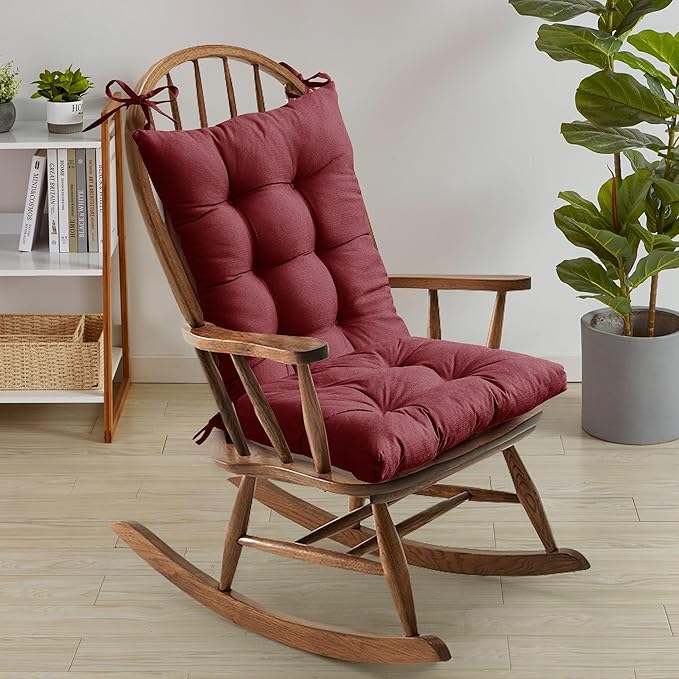Sweet Home Collection Rocking Chair Cushion Premium Tufted Pads Non Skid Slip Backed Upper and Lower with Ties, 2 Piece Set, Wine