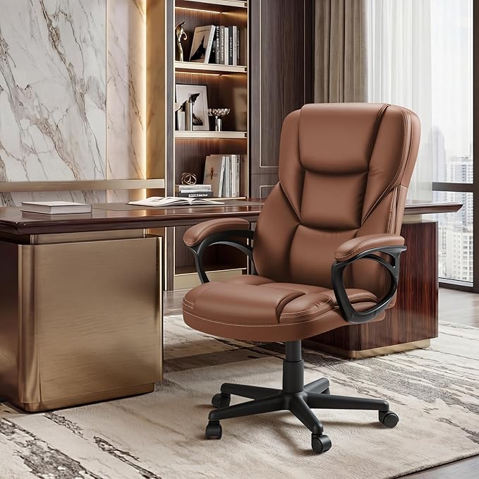 Shahoo Ergonomic Office Chair Executive PU Leather Chair with Comfortable Head Rest, Thickened Cushioned Armrest and Lumbar Support for Office & Home, Light Brown