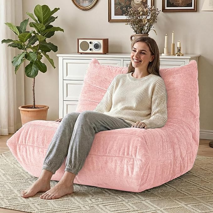 HABUTWAY Bean Bag Chair, Giant Bean Bag Chairs for Adults, Bean Bag Sofa with Filler Faux Fur, Memory Foam Bean Bag Couches Fireside Lazy Sofa for Living Room, Bedroom, Office (Pink)