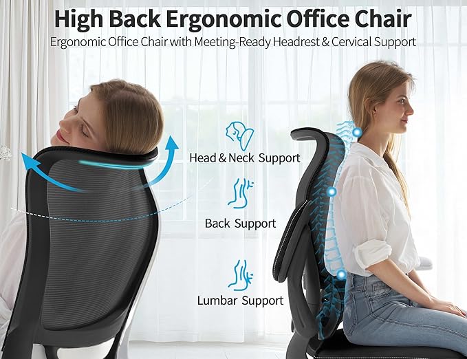 TRALT Ergonomic Office Chair - Desk Chair with Wave High Back Adjustable Lumbar Support Computer Chair - Gaming Chairs Mesh Backrest and PU Leather Seat for Home Reading Chairs (Black Pack of 6)