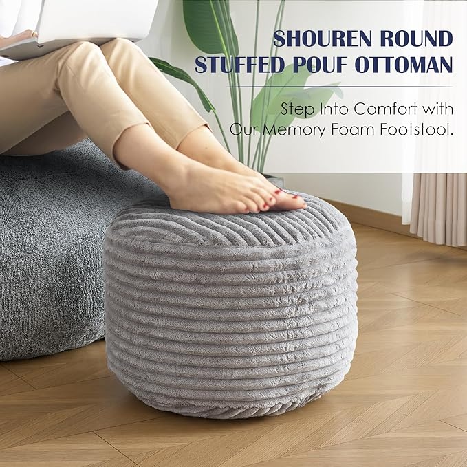 SHOUREN Stuffed Round Ottoman,Corduroy Pouf Ottoman Foot Rest with Foam Filling,Pouf Storage Ottoman Footstool for Living Room,18 X 14 Floor Poufs for Couch - 18 X 14 Inches,Light Grey