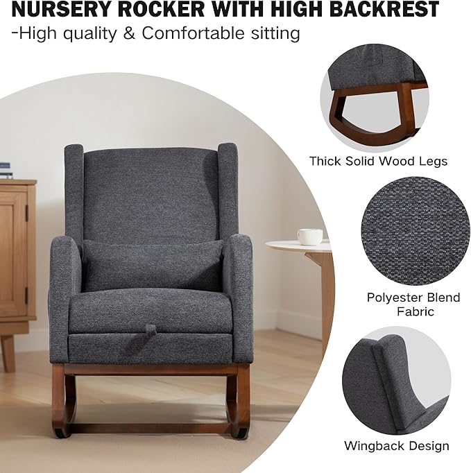 Chifee & Vingol Rocking Chair Nursery with Foot Rest & Pillow,Polyester,Dack Grey