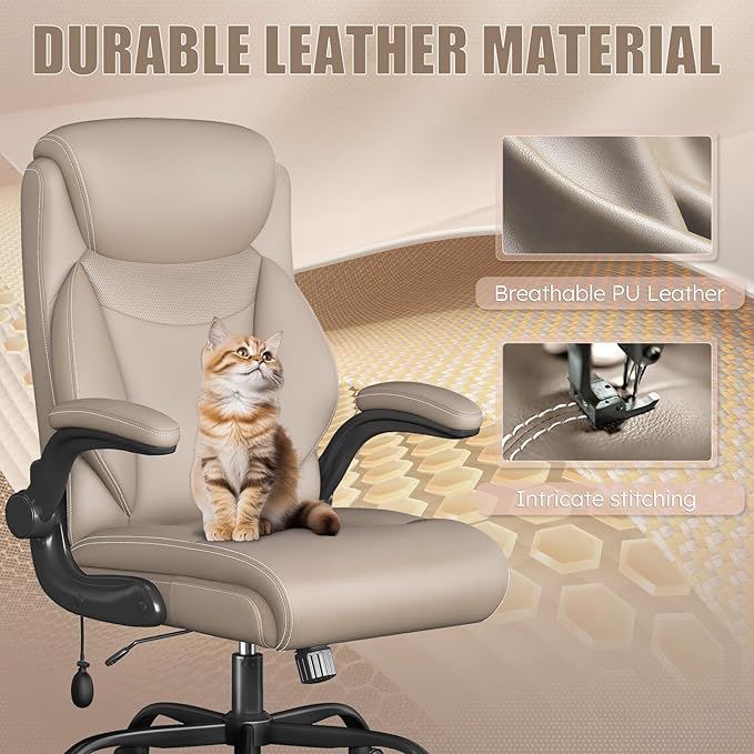 Ergonomic Office Chair, Home Desk Computer Chair, High Back Executive Chair,Padded Leather Ergonomic Computer Desk Chair with Inflatable Lumbar Support & Flip-Up Arms, Swivel Chair,Beige