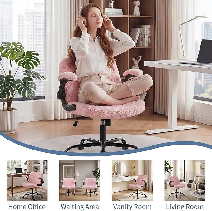 DUMOS Criss Cross Home Office Chair with Wheels, Wide Cross Legged Desk Vanity Chair Comfy Fabric Flip-Up Armrests Adjustable Swivel Chairs for Home Computer Bedroom, Teddy Pink