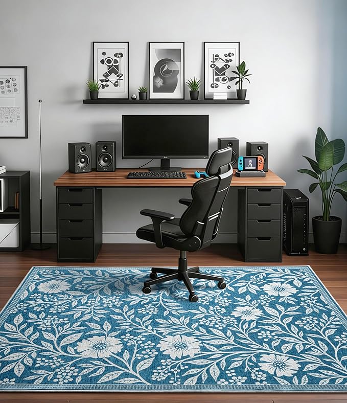 chakme Office Chair Mat for Hardwood Floor, 72"x48" Easy Glide Computer Desk Mat Protector for Rolling Chair Under Desk Rug Nonslip Backing, Machine Wash, (Blue Flowers)