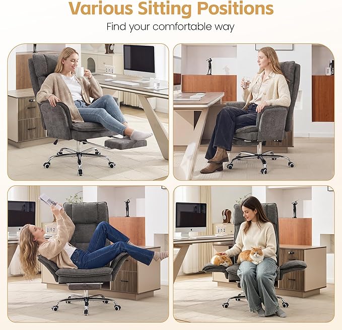 Big and Tall Office Chair, Cloud Reclining Office Chair with Footrest & Flip Armrest for Pets, Executive Ergonomic Criss Cross Desk Chair, Swivel Gaming Chair with Lumber Pillow, Chenille Light Grey