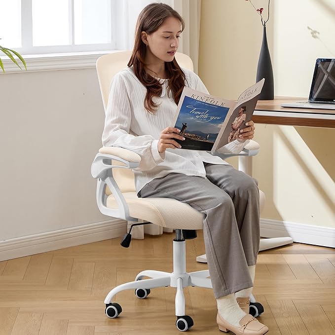Ergonomic Office Chair, Desk Chair with Adjustable Lumbar Support, Breathable Mesh Comfy Computer Chairs with Flip-up Armrests Executive Task Chair for Adults Home Office (Buff Beige)