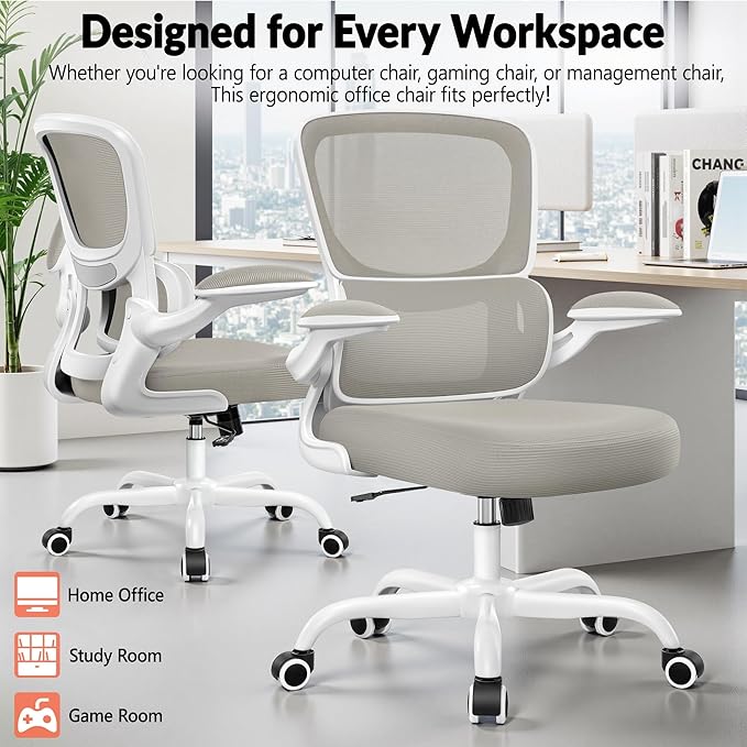 BESTFAIR Office Chair Ergonomic Desk Chair, Breathable Mesh Comfy Chair with Lumbar Support, Computer Chair, Home Desk Chair with Flip-up Armrests, Gaming Chair for Adults Home Office