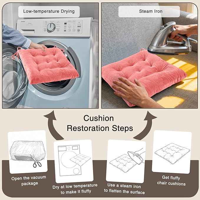 OVOV 1 Pack Chair Cushions for Dining Chairs Soft Seat Cushions for Kitchen Desk Chairs Square Chair Pads with Ties (15.5"x15.5" Pink)