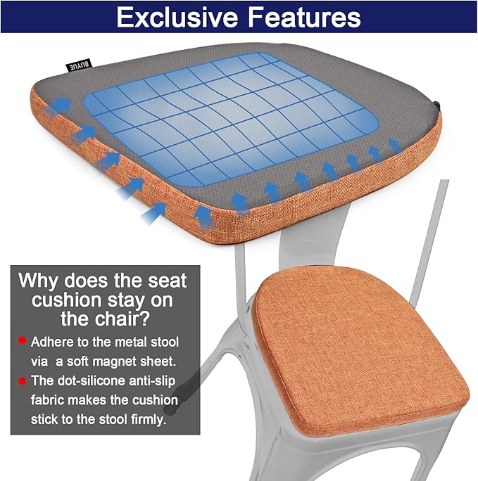 BUYUE Friendly Woven Fabric 14x14 Magnetic Cushion for Metal Chair 1 Piece, Enhanced Anti-Slip Seat Pad for Dining Kitchen Café Stackable Chair (U-Shape, Orange, 1 Count)