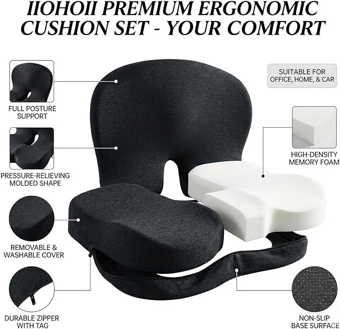 Memory Sponge Cushion, Pressure reducing Cushion, Ergonomic, Lumbar Support Pillow (All Black)