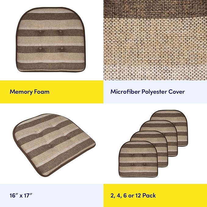 Sweet Home Collection Chair Cushion Memory Foam Pads Tufted Slip Non Skid Rubber Back U-Shaped 17" x 16" Seat Cover, 2 Count (Pack of 1), Bradford Chocolate/Beige