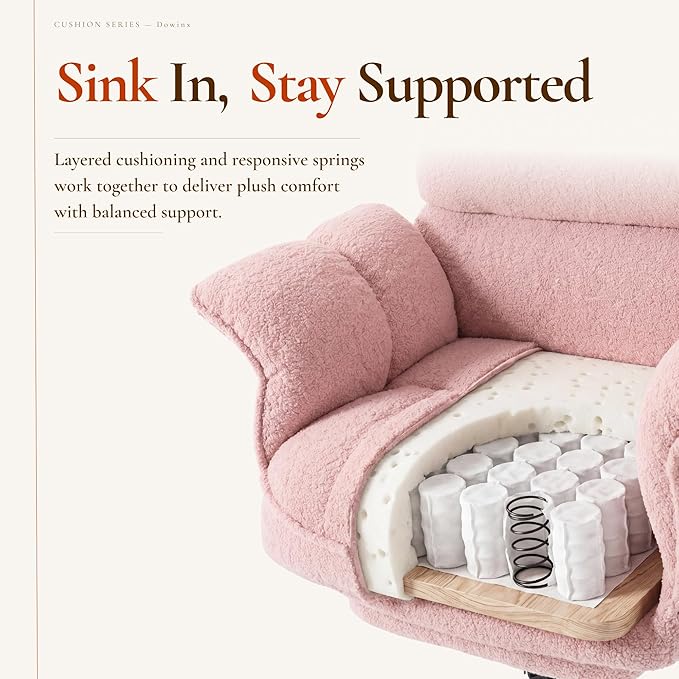 Dowinx Big and Tall Office Chair, Ergonomic Desk Chair with Thick Cushion, Wide Seat & Armrests Computer Gaming Chair,High Back Reclining Teddy Fleece Criss Cross Chair with Foot Rest, Pink