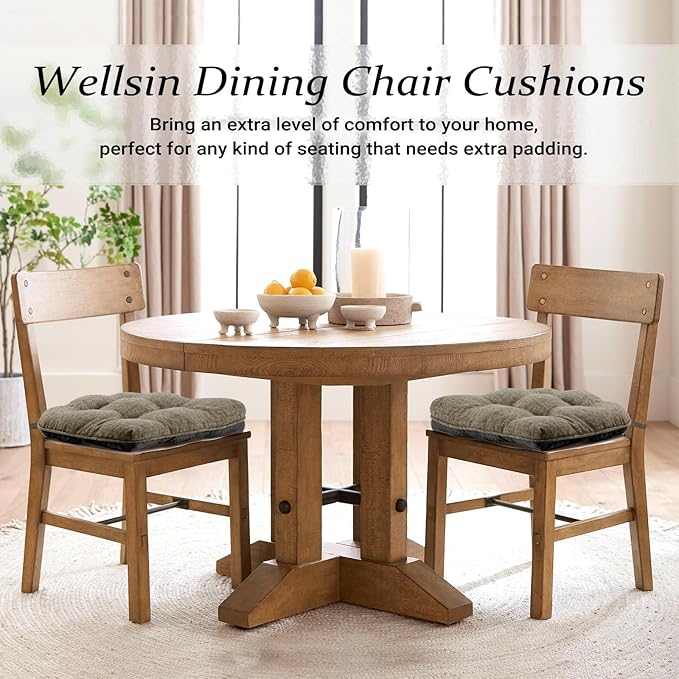 Wellsin Chair Cushions for Dining Chairs, Non-Slip Kitchen Chair Pads with Ties, Tufted Shredded Foam Kitchen Chair Cushions Set of 4, 15.5" X 15.5", Khaki