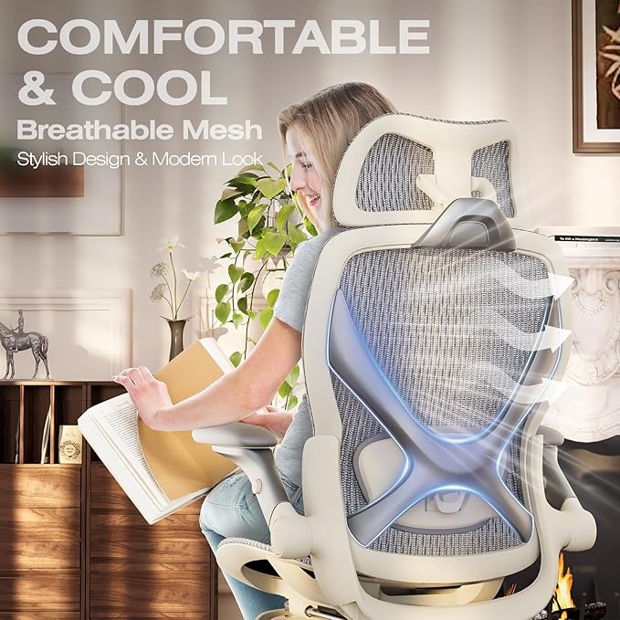 ELABEST X100 Ergonomic Mesh Office Chair with Footrest, Big and Tall Hone Desk Chair with 5D Flip-Up Arms, Adjustable 3D Lumbar Support,Gaming & Executive Computer Chairs (First Light)