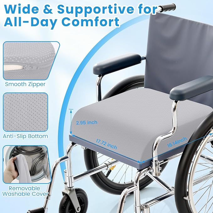 Wheelchair Seat Cushion for Pressure Relief, Cooling Gel Memory Foam Chair Cushion with Slope-Edge Design, Coccyx Support for Tailbone Pain, Non-Slip, for Wheelchairs, Office Chairs, Light Grey