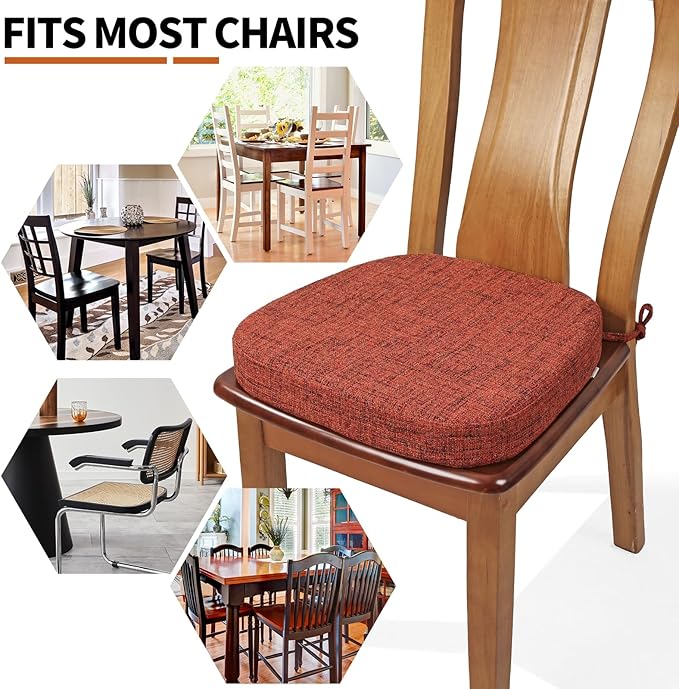 SINOSSO Thickened 2.5" Dining Chair Cushions, Soft Blended High Density Support Foam Kitchen Seat Cushions with Ties, U-Shaped Non-Slip Indoor Chair Pads, 16.5" x 16", 4 PCS, Red