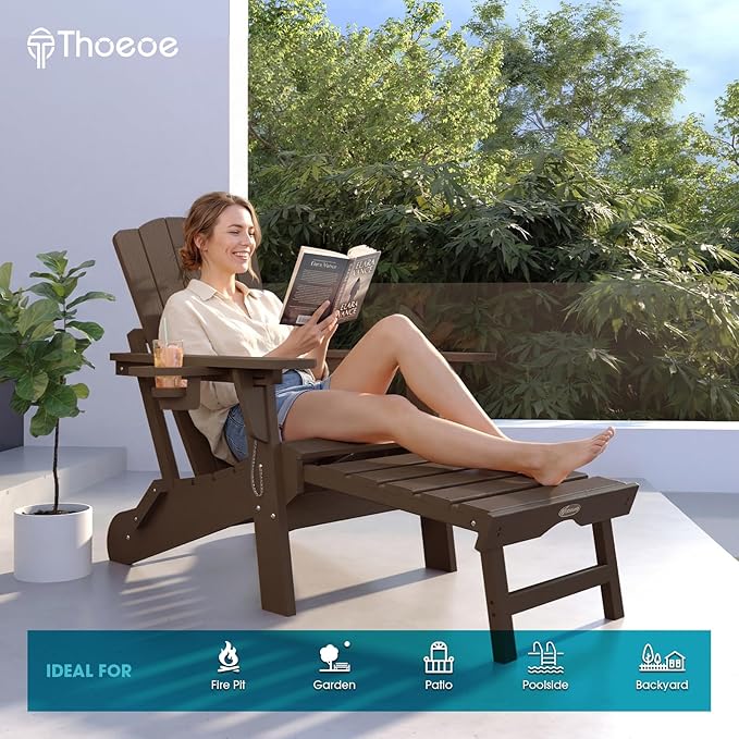 THOEOE Adjustable Adirondack Chair with Retractable Ottoman, HDEP Folding Adirondack Chairs with Footrest 2-in-1 Cup Holder, All Weather Outoor Fire Pit Chair with Foot Rest Set 1 Brown