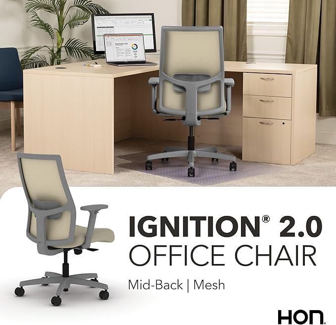 HON Ignition 2.0 Mid Back Task Chair, Spectrum Mesh, Standard Synchro-Tilt Control, Office Chair with Lumbar Support, Height and Width Adjustable Arms, Titanium Frame, Linen