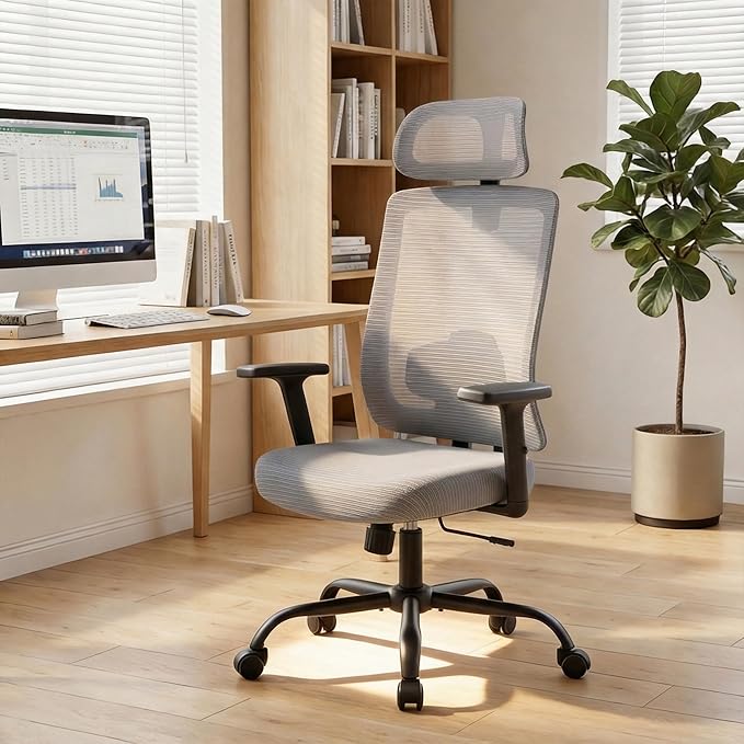 Ergonomic Mesh Office Chair with Headrest, Comfortable Desk Chair for Long Sitting, Breathable Computer Chair with Flip-Up Arms, Adjustable Swivel Chair for Home Office Work Study, Grey