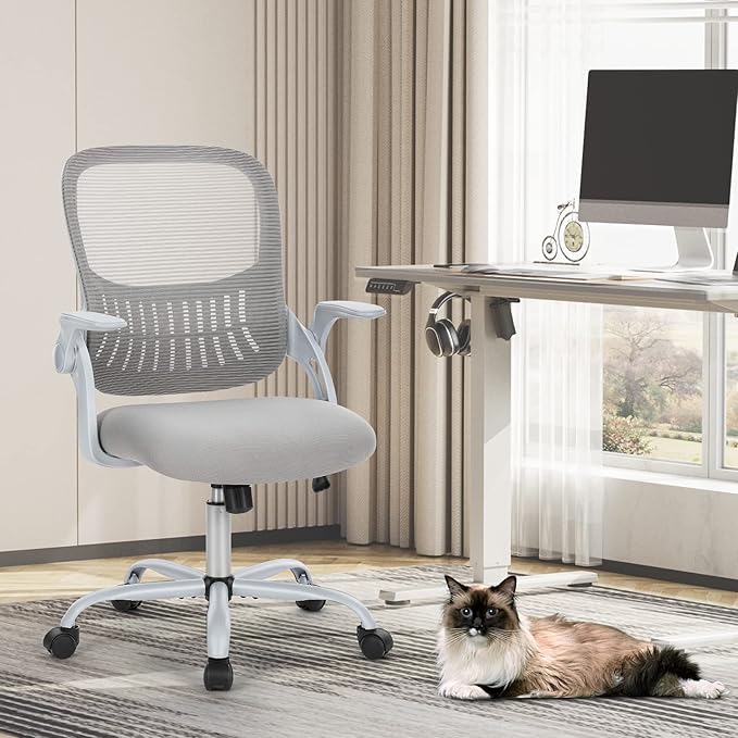 Sweetcrispy Home Office Managerial Executive Chair, Ergonomic Mesh Adjustable Swivel Mid-Back Chair with, Flip-up Arms, Comfortable Lumbar Support, Comfy Arms for Bedroom,Study,Student, Grey