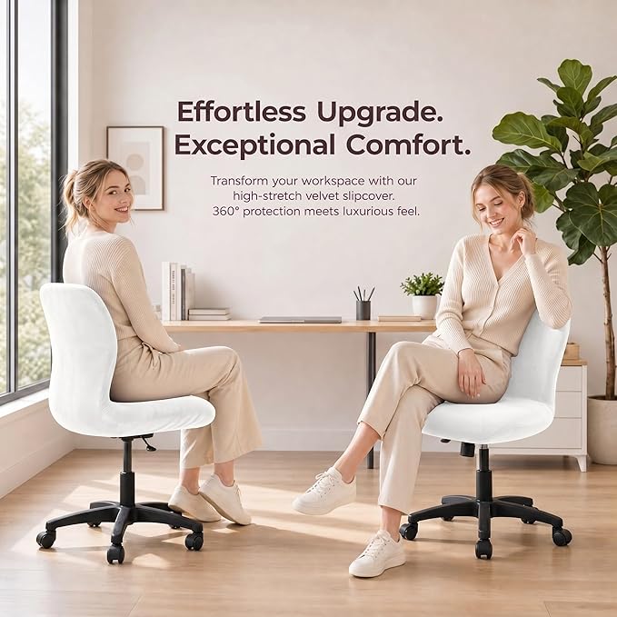 Deisy Dee Velvet Stretch Armless Office Chair Covers - Colorful Stretch Slipcover for Desk Chairs (Off White)