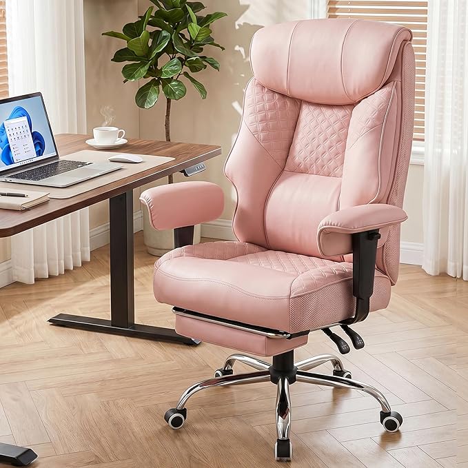GTPLAYER Big and Tall Office Chair, High Back Computer Gaming Chair with Ergonomic Lumbar Support &Pocket Spring Cushion for Lower Back Pain Relief, Leather Executive Chair with Foot Rest, Pink
