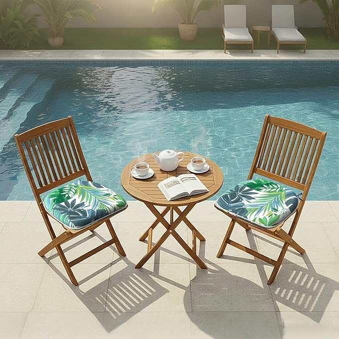 DYTXIII Set of 2 Outdoor Chair Cushions with Ties,Water Repellent Patio Chair Pads 17"x 16" for Outdoor Furniture,Round Corner Seat Cushions for Garden Yard Kitchen Islamorada Blue Green