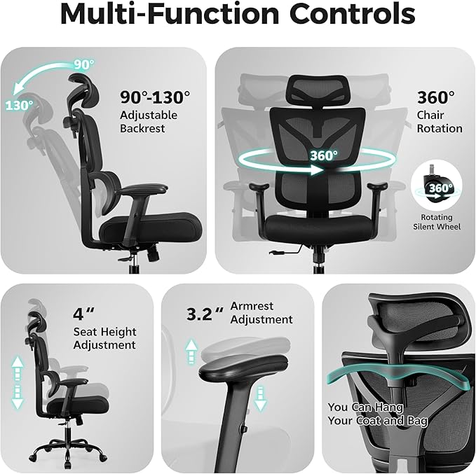 Ergonomic Office Chair High Back Desk Chair with Lumbar Support, Breathable Mesh Computer Chair with Adjustable Armrests Height, Reclining Big and Tall Gaming Chair for Home Office(Black 10Pack)