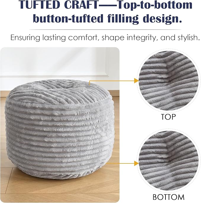 Round Ottoman,Corduroy Pouf Ottoman Foot Rest,Storage Footstool for Living Room,20x15 Soft Floor Poufs,Memory Foam Filling - Light Grey, 20x15 in