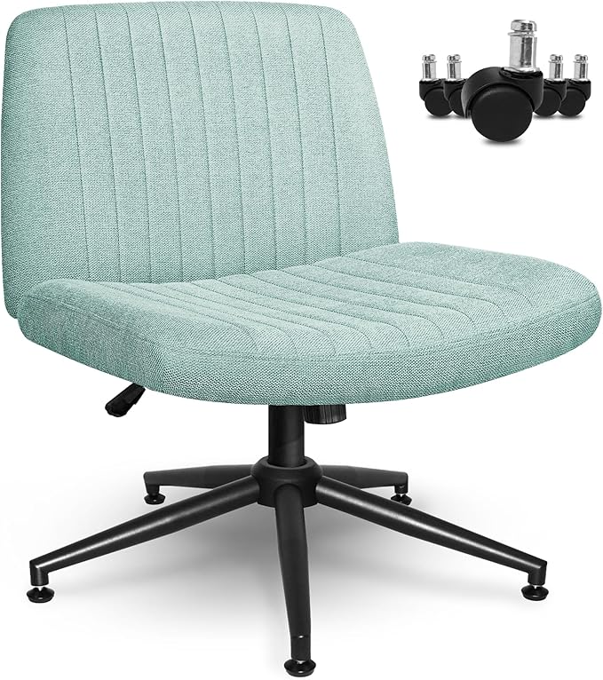 NEO CHAIR Criss Cross Chair with Wheels Armless Cross Legged Office Desk Wide Comfy Vanity Makeup Chair Adjustable Swivel Rolling Computer for Home Office Fabric (Mint)