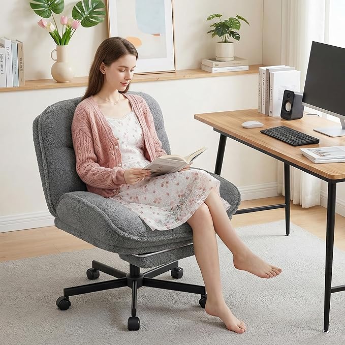 DurayLoly Criss Cross Office Chair with Foot Rest, 26.77" Wide Cross Legged Office Chair with 7" Thick Backrest, Height Adjustable & 360°Swivel, Desk Chair for All-Day Comfort (Misty Gray)