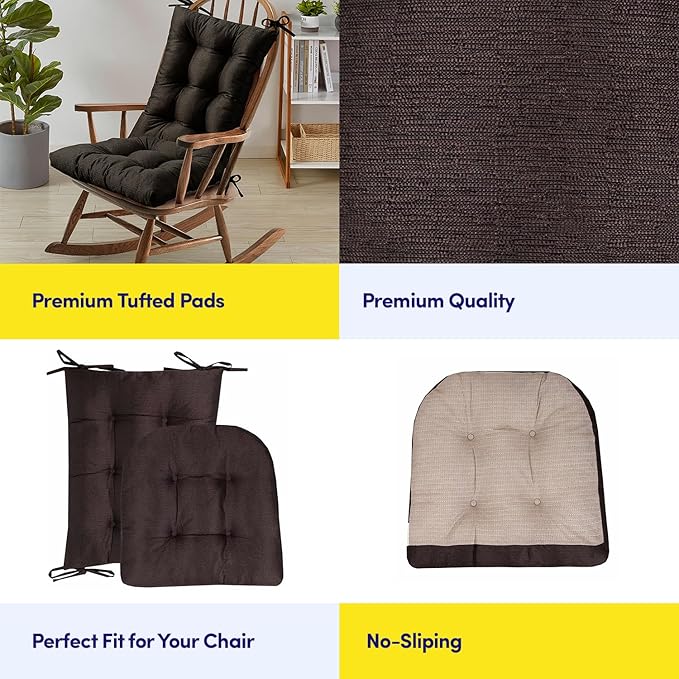 Rocking Chair Cushion Premium Pads Non Skid Slip Backed Set of Upper and Lower with Ties
