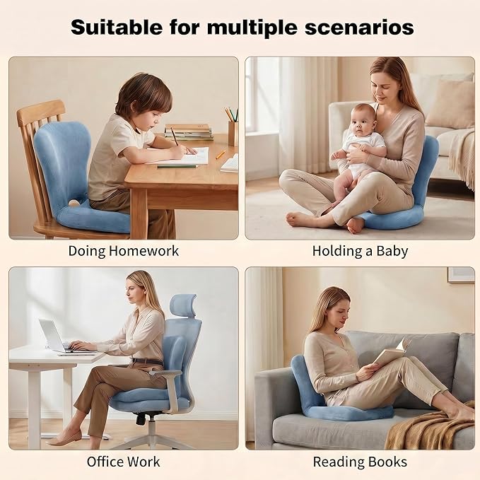 Adjustable Foldable Chair Cushions with Backrest, Lumbar Support Cushion with Detachable Headrest Pillow, Ergonomic Support Seat Cushion Chair for Office, Home, Car & Floor Sitting (Blue)