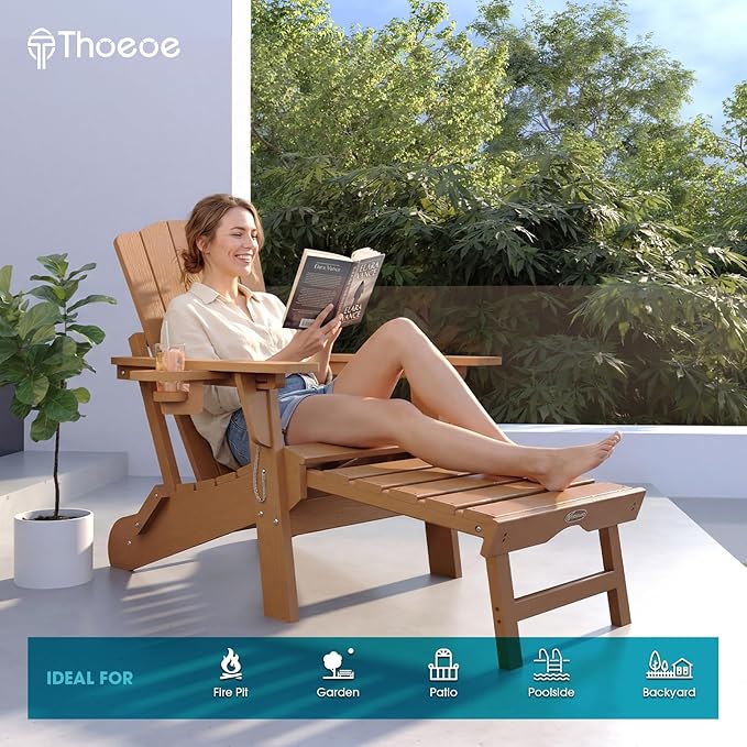THOEOE Adjustable Adirondack Chair with Retractable Ottoman, HDEP Folding Adirondack Chairs with Footrest 2-in-1 Cup Holder, All Weather Outoor Fire Pit Chair with Foot Rest Set 4 Wood