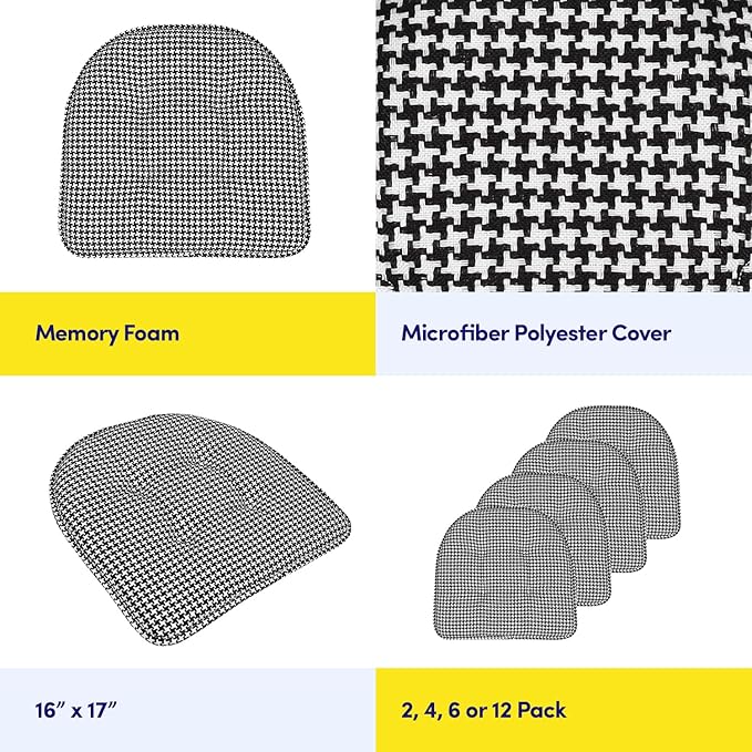Sweet Home Collection Chair Cushion Memory Foam Pads Tufted Slip Non Skid Rubber Back U-Shaped 17" x 16" Seat Cover, 12 Count (Pack of 1), Houndsooth Black