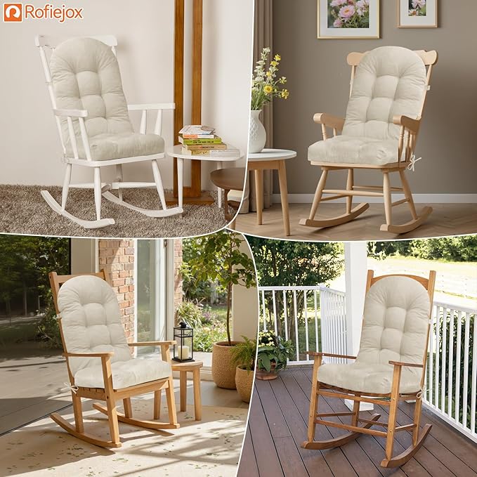 Rocking Chair Cushion - Chenille Fabric, High-Density Sponge, Durable Comfort Double-Sided Tufted Seat Pads with Ties, Chenille︱Oyster White, 44x19x4 inch