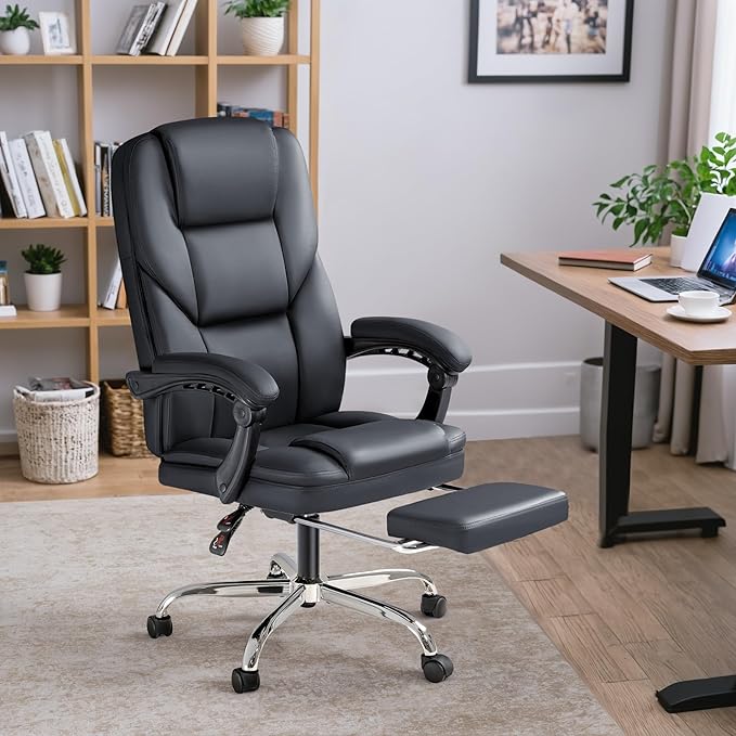 Furmax Massage Office Chair with Foot Rest Executive Big and Tall Office Chair Ergonomic Home Office Desk Chairs, Reclining High Back Leather Chair with Lumbar Support, 400LBS (Black)