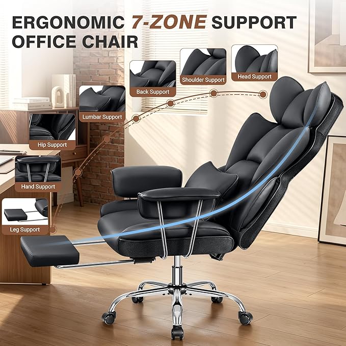 ALLGOD Big and Tall Ergonomic Office Chair with Footrest, High Back Executive Leather Office Chair, Reclining Computer Desk Chair, Comfy Heavy Duty Home Gaming Chair with Padded Arm, Black-4 Pack