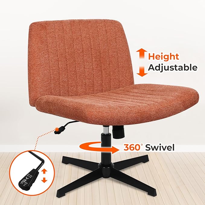 NEO CHAIR Criss Cross Chair No Wheels Armless Cross Legged Office Desk Wide Comfy Vanity Makeup Chair Adjustable Computer Task for Home Office Fabric (Brown)