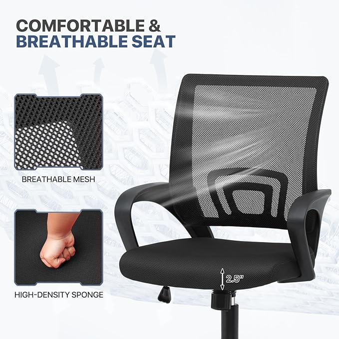 MoNiBloom Mesh Office Chair, Ergonomic Computer Chair for Adults, Rolling Swivel Mid-Back Desk Chair with Lumbar Support, Comfy Armrest for Home Office, Gaming, Black