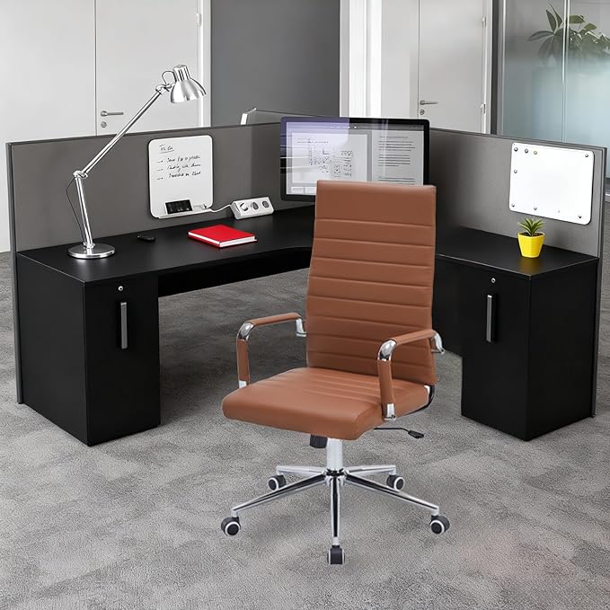 Brown Leather Ribbed Office Desk Chair, Ergonomic High-Back Executive Conference Room Chairs with Wheels, Adjustable Swivel Computer Task Chair with Arms and Thick Padded Seat