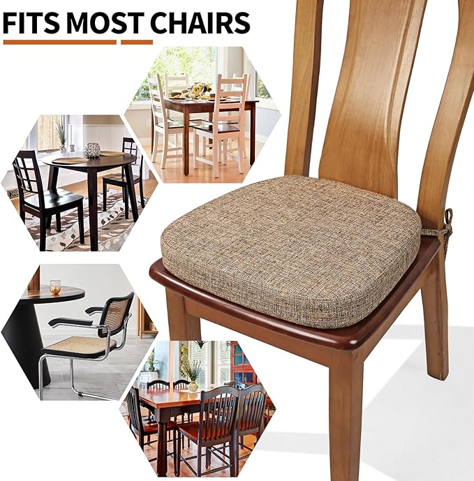 SINOSSO Thickened 2.5" Dining Chair Cushions, Soft Blended High Density Support Foam Kitchen Seat Cushions with Ties, U-Shaped Non-Slip Indoor Chair Pads, 16.5" x 16", 4 PCS, Light Brown
