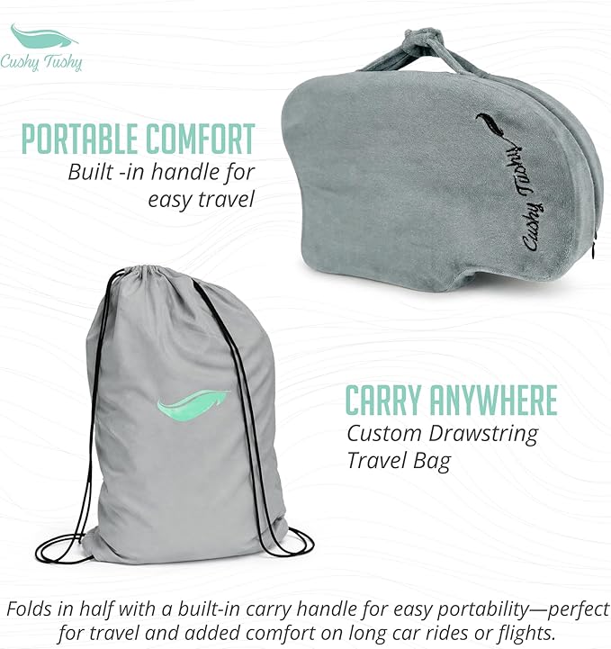 Cushy Tushy Premium Slim Foldable Travel Seat Cushion - for Relief of Lower Back, Sciatic, Butt and Tailbone Pain - for Home & Office Use, Perfect for Travel or Driving - Slim Coccyx Seat Cushion