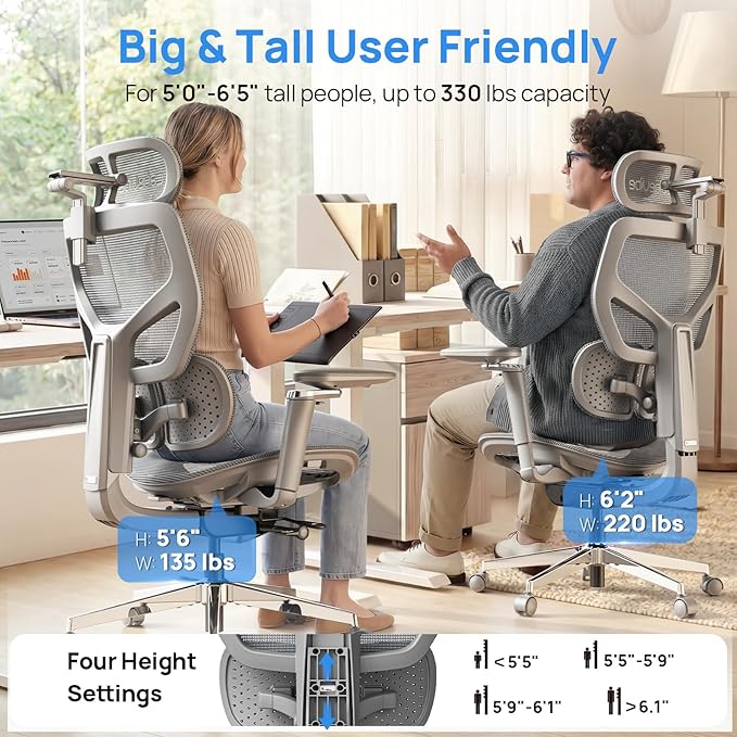 Ergonomic Office Chair with Lumbar Support - Over 10 Hours Sitting Comfortable, Mesh Big and Tall Home Computer Desk Chairs, 4D Headrest, 630° Armrst, Seat Depth Adjustable, 330 LBS